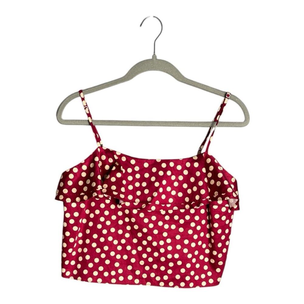 L’Academie Red and Cream Polka Dot Cropped Top With Ruffle Detail Large